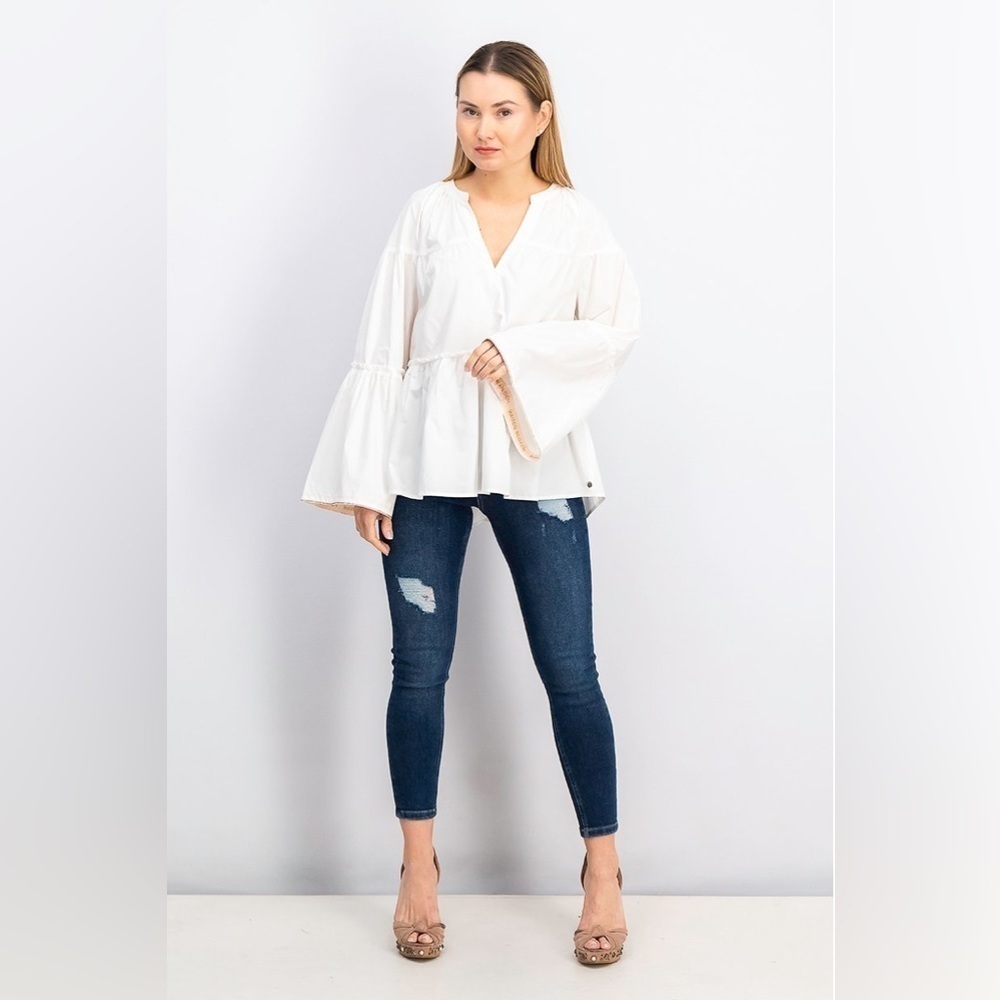 Scotch & Soda Split Neck Bell Sleeve Midnight Safari Blouse White Women’s M